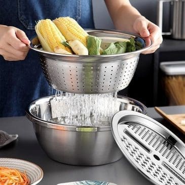 Parutan Buah dan Sayur 2in1 Baskom Cuci Stainless Steel Dengan 4 Jenis Mata Pisau