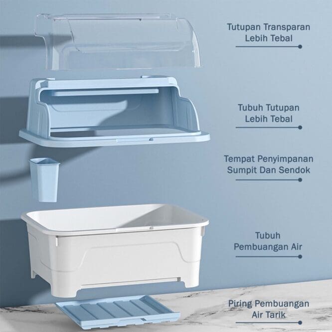 Rak Piring Rain Dengan Tutup dan Nampan Tirisan Air+ Tempat Sendok Bahan Plastik Size 36x27x24cm