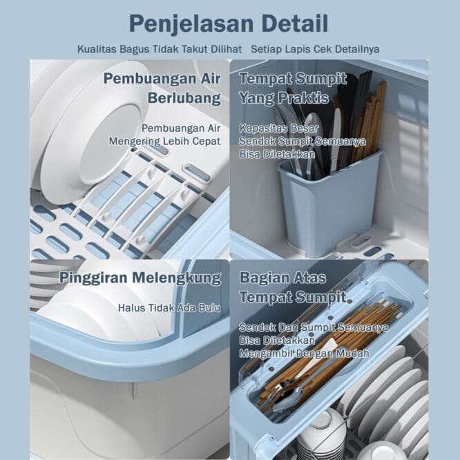 Rak Piring Rain Dengan Tutup dan Nampan Tirisan Air+ Tempat Sendok Bahan Plastik Size 36x27x24cm