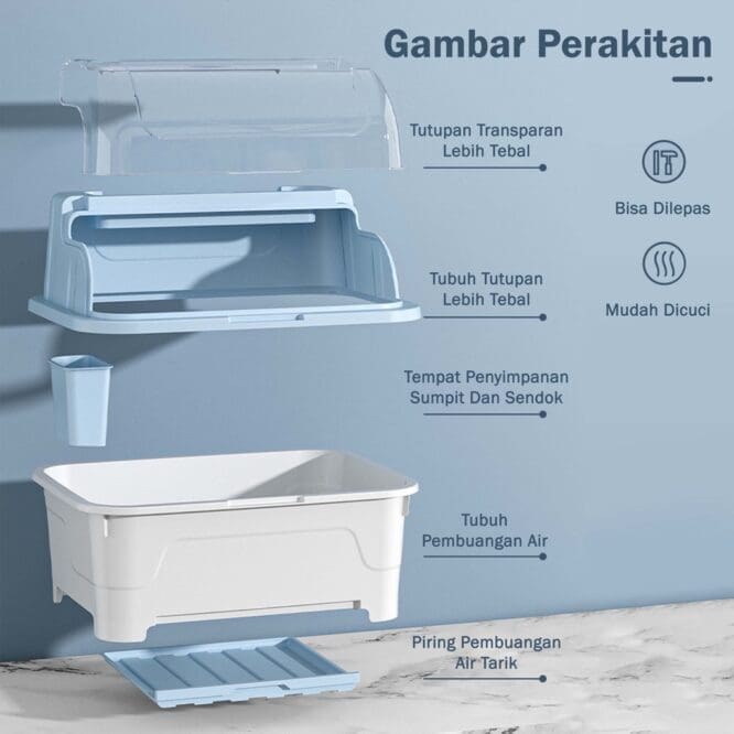 Rak Piring Rain Dengan Tutup dan Nampan Tirisan Air+ Tempat Sendok Bahan Plastik Size 36x27x24cm